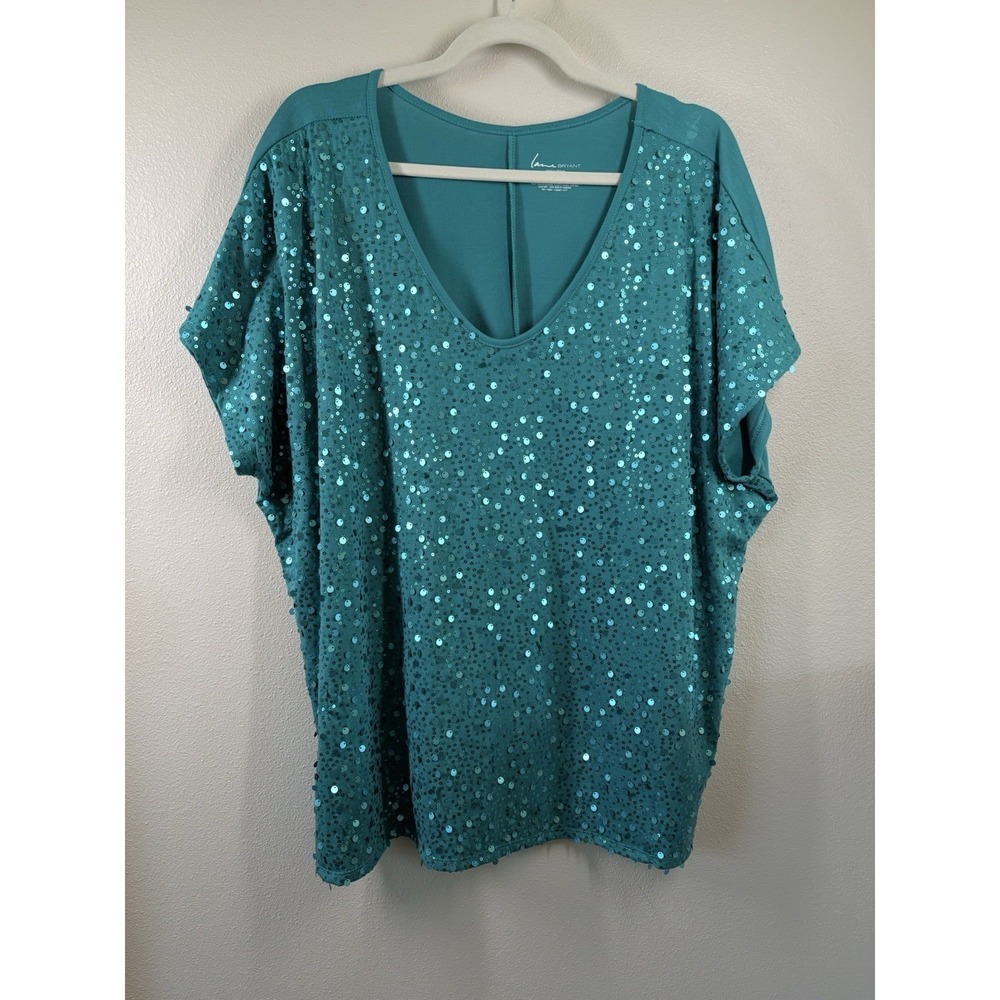 Lane Bryant Womens Teal Green  Sequined Top Blouse Size 18/20 Scoop Neck Party